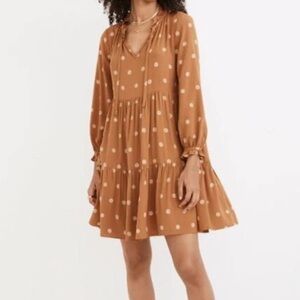 Madewell Tan Polka Dot Long Sleeve Dress Size Small
